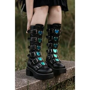 DEMONIA Emily 330 Black Matte 2" Platform Metal Heart Plate Combat Boots Punk 10